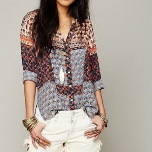 ree‎ People Womens Bohemian Samba Mix Print Long Sleeve Shirt, Blue Orange, XS